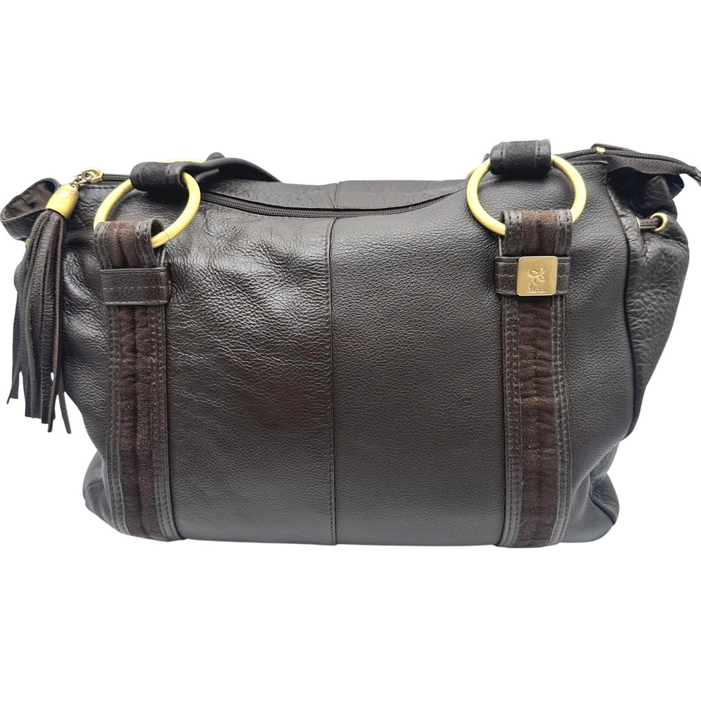 Lina Womens Dark Brown Pebbled Leather Suede Stripe Tassel Shoulder Bag Satchel